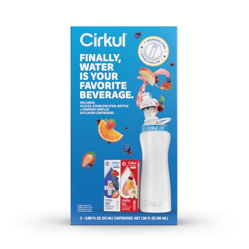 Cirkul 22oz. White Stainless Steel Water Bottle Starter Kit with Blue Lid, 2 Flavor Cartridges (1 LifeSip Fruit Punch and 1 FitSip Mixed Berry) Zero Calories and No Sugar