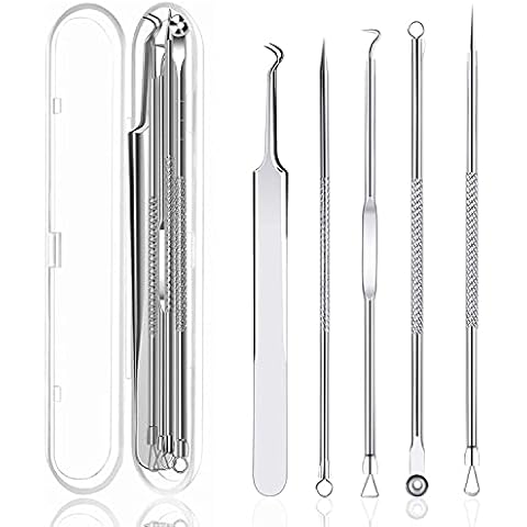 Mitesserentferner Komedonenquetscher Set 5er Pinzetten Set Blackhead Remover aus Edelstahl Akne Whiteheads Mitesser Entferner Kit Cover