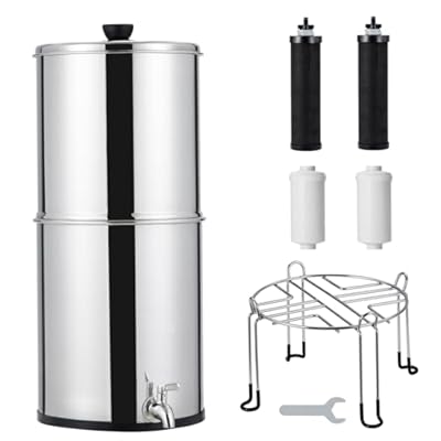 2.25G Gravity-fed Water Filter System, 304 Stainless Steel Countertop Water Filtration System with 2 Filters and Stand Reduce 99% Chlorine for Home Camping RV Fishing