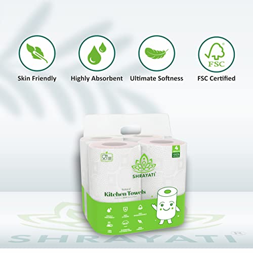 Image of Shrayati Kitchen Paper Rolls, 2 Ply, Pack of 4 | 240 Pulls | 60 Pulls x 4 Rolls | Kitchen Paper Towel | Super Soft, Highly Absorbent Kitchen Tissue Roll, Embossed Design