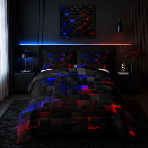 Image of Nttopship Neon Blue and Red Black Comforter Set Full Geometric Kids Bedding Set,3 PCS Geometry Honeycomb Modern Room Decor Quilt Set 1 Comforter 2 Pillow Cases All Season B-Side Black