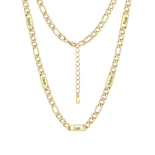Custom4U Personalized Stainless Steel Figaro Chain for Men Women, 5mm/7mm Width Engraving 1-5 Names Figaro Chain Necklace, Steel/14K Gold Plated/Black Fathers Day Gift Hip Hop Jewelry+Send G