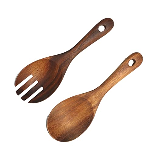 MOLUCKFU 2pcs Wooden Spoon Set for Salad Pasta Soup Elegant Kitchen Cutlery Handmade Attractive Wood Grains