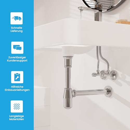 Bächlein Tassensiphon Universal für Waschbecken & Waschtisch (Chrom), Geruchsverschluss mit Reinigungsöffnung + Einbauanleitung - Designsiphon Ablaufgarnitur Flaschensiphon