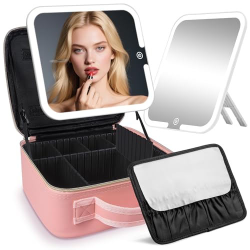 鏡付きメイクボックス 化粧品収納ボックス コスメボックス 化粧ケース 調節可能な仕切り付き 取り外し可能なライト付きミラー 3色調節可能なLEDライト メイクブラシケース付き 自立式 ハンドル付き 通勤・出張・旅行用 (ピンク, 横26.5cm x 縦26.5cm)
