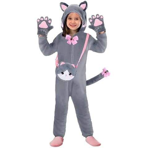 Gifts2U Halloween Cat Costume for Girls, Kids Onesie Costume with Pink Cat Ears, Cat Tail, Paws, Bow Ties and Purse Bag, Gifts for Halloween, Birthday or Any Costume Occasion（5-6Years Cover