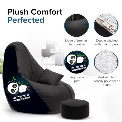 Image of Amazon Brand - Solimo 6XL Premium Faux Leather Bean Bag Combo with Footrest & Cushion, Filled with Beans | Capacity: Upto 6 Ft 9 in Height, 135 KG Weight | Panda Pro | Black