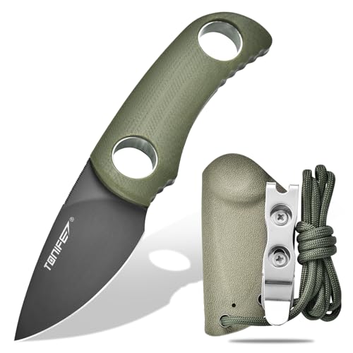 TONIFE Runer - Cuchillo de cuello fijo con vaina y cordón de 1.85 pulgadas, hoja de espiga completa, cuchillo de cuello Edc para exteriores (titanio verde y gris)