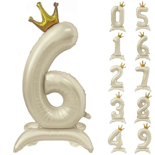 White Number 6 Balloon 40 Inch Cream White Crown Balloons 0-9 Standing Beige Number 6 Balloon with Crown Birthday Party Decorations Supplies