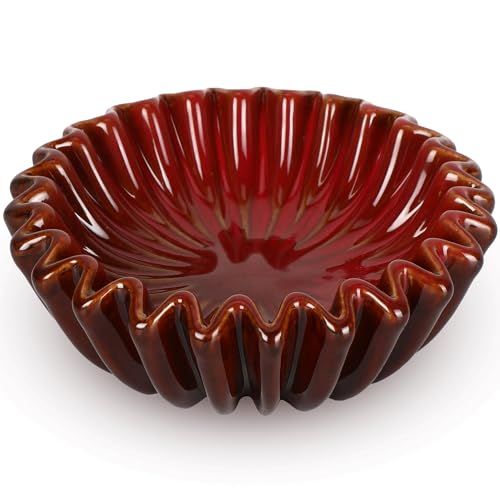 Ferrochef Red Ceramic Large Decorative Bowl 7.9 Modern Scalloped Ruffle Home Decoration Accent Bowl Handcrafted Ceramic Stylish Key Bowls for Console Table Entryway Living Room 7.9 Diameter