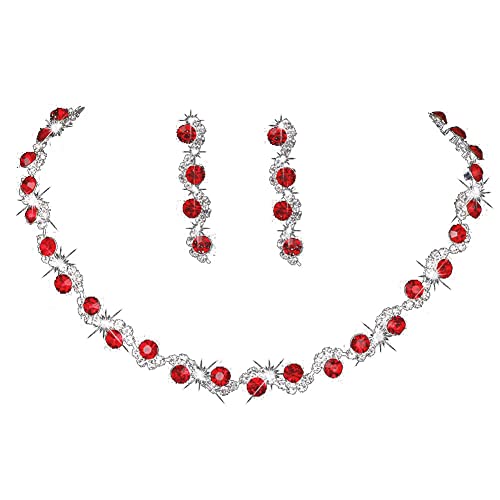 Wedity mariage cristal collier boucles d'oreilles ensemble mariée colliers ras du cou bijoux de mariage pour femmes et filles (Rouge)