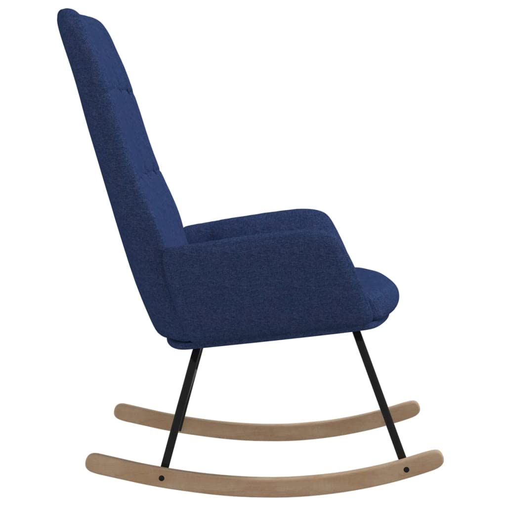 Mecedora de tela azul con reposabrazos, asiento de espuma acolchada, patines de metal estables y comodidad para salón, balcón o terraza para relajarse