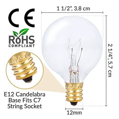 Simba Lighting String Light Outdoor Globe G40 Replacement Bulb 5W E12 Candelabra Base C7 Socket For Patio, Café, Pergola, Porch, Clear Glass, 5 Watt 110V 120V, 2700K Warm White, Dimmable, 25 Pack #TOP1