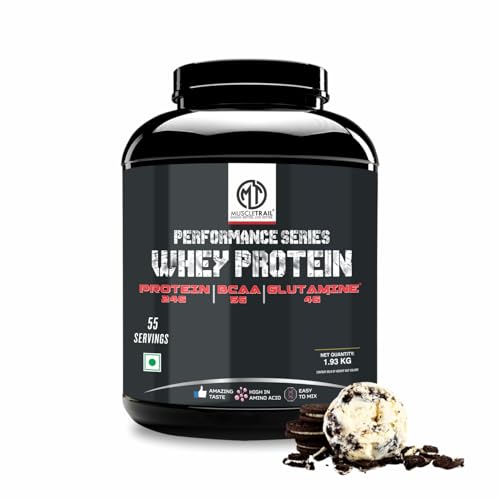 Image of MuscleTrail Performance Series Whey Protein | 24g Protein, 5g BCAA, 4g Glutamine | 55 servings (1.92Kg, Cookies & Cream)