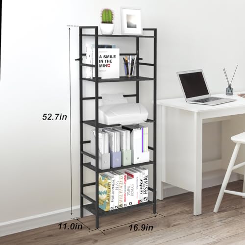 CADUKE Black Tall Bookcase 5 Tier Book Shelf for Bedroom Industrial Bookshelf with Storage Book Shelves for Kids Room Standing Office Bookshelves and Bookcases for Bedroom Living Room - Image 4