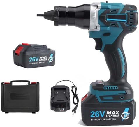 Cordless Rivet Nut Gun Kit 26V - Automatic Brushless Motor, LED Light, M3-M12 Stainless Steel & Aluminum Nuts, 5200mAh, 2 Batteries Included, Heavy-Duty Fastening Tool