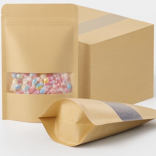 Geosar 150 Pcs Kraft Bags with Window 8.5 x 12.5 Inch Stand up Kraft Pouches Bulk Zipper Paper Pouches Food Storage Reusable Heat Sealable Bags for Packaging Home Business Office