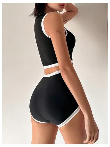 MakeMeChic Women's Bikini Sets Color Block Crew Neck Zip Front Summer Swimsuit Bathing Suits3