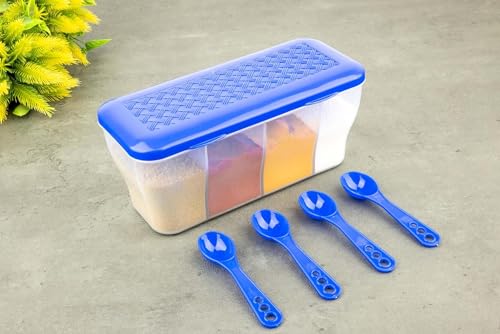 Image of LEMBOSE Multipurpose Plastic 4 in 1 Masala Box for Kitchen, Transparent Pickel Box, 4 Compartment Storage Container Airtight for Cereal, Dry Fruits Dabba1800 Ml with 4 Spoons