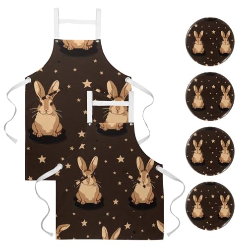 Lot de 2 tabliers de cuisine marron et lapin résistants à l'eau avec 2 poches