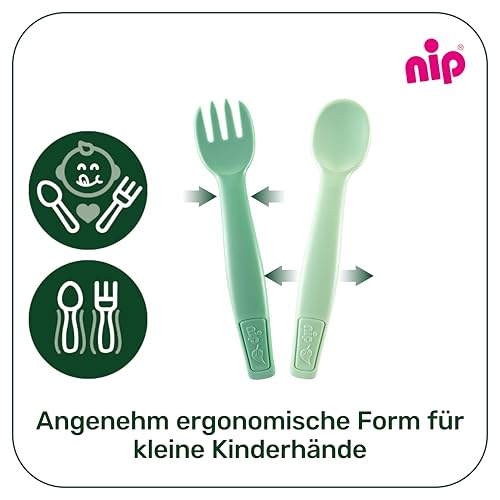 nip - Baby- und Kinderbesteck | ab 9 Monate |Nachhaltiges Besteckset mit Löffel & Gabel, spülmaschinengeeignet, BPA-frei, ohne Melamin | Grün