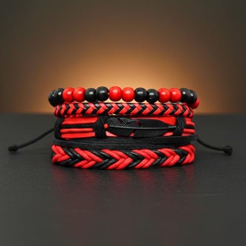 Image of THE MEN THING CRIMSON FEATHER - 4 Pcs Genuine Leather Adjustable Bracelet Set for Men & Boys (8 inch)
