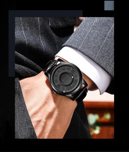 Magnetic Levitation Watch, Unisex Cool Watches Roman Numerals Creative Magnetic Levitation Balls Dial Waterproof Couple Quartz Wrist Watch 3D PVD One Piece Swiss WaterproofLeather Steel Strap Black