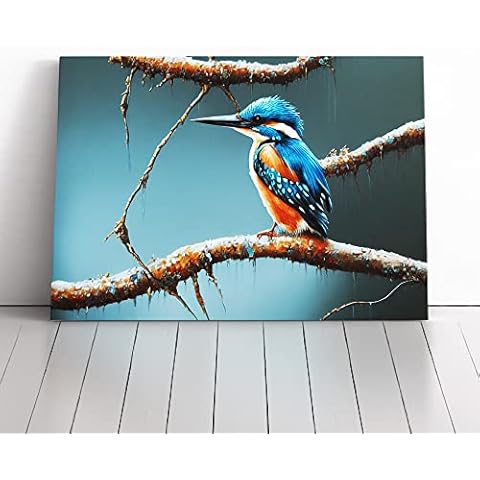 Graceful Kingfisher Bird Black, Black, Blue Canvas Wall Art Picture Print - Modern Home Décor Painting Framed - Ready to Hang Poster for Living Room Bedroom - 20x14 Inch Cover