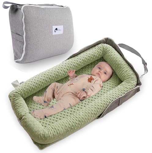 Image of Joyful Journeys Baby Lounger - 2 in 1 Infant Lounger Baby Nest/Diaper Organizer - 100% Cotton Lounger Pillow - Portable Baby Lounger Travel Bed - Newborn Essential - 0-18 Months (Green Minky)