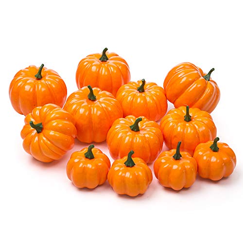 Ogrmar 12 Pack Artificial Assorted Pumpkins, Mini Fake Pumpkins Artificial Vegetables for Halloween,Harvest Thanksgiving Party Decor(Orange)