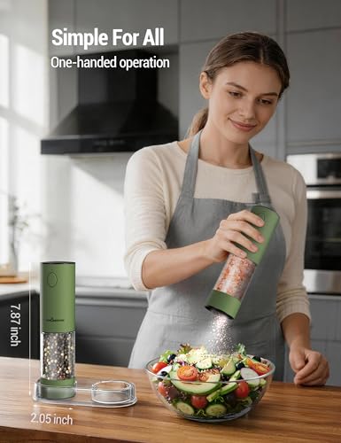 Image of ThermoMaven Electric Salt and Pepper Grinder Set, 110ml Larger Rechargeable Automatic Salt and Pepper Mill Grinder with 6 Adjustable Coarseness, Electric Salt and Pepper Shakers, LED, Matcha