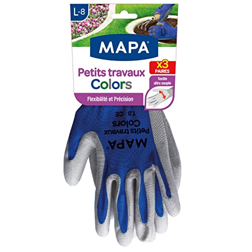 MAPA - Petits Travaux Colors x3 - Gants de Jardinage Ultra souples en Polyamide - Polyvalents pour tous les petits travaux de jardinage - 3 paires - Coloris Bleu/Vert/Gris - Taille L