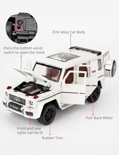 Image of 1:32 Scale Car Model Compatible Collectible Benz G63 AMG Diecast Toy Vehicle, Zinc Alloy Pull Back Toy Car with Sound and Light for Adults, Boys, and Girls (White)