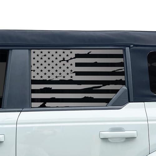 Image of BOGAR TECH DESIGNS Precut Rear Side Window American Flag Vinyl Decal Sticker Compatible with Ford Bronco 2021-2026, Disressed Matte Black