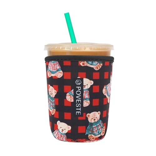 Image of Reusable Neoprene Insulator Sleeve for Iced Coffee & Cold Soda, Coffee Sleeves for Iced & Hot Drinks, Cold Beverage Cooler Compatible with Starbucks, Dunkin (Plaid Bear, Small: 16-18oz)