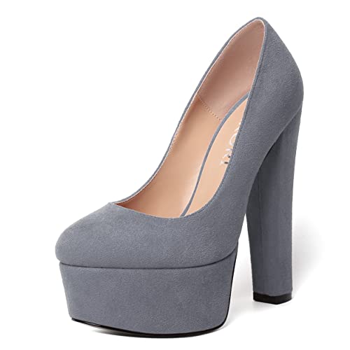 MERRORI Womens Evening Slip On Sexy Round Toe Suede Platform Chunky High Heel Pumps Shoes 6 Inch