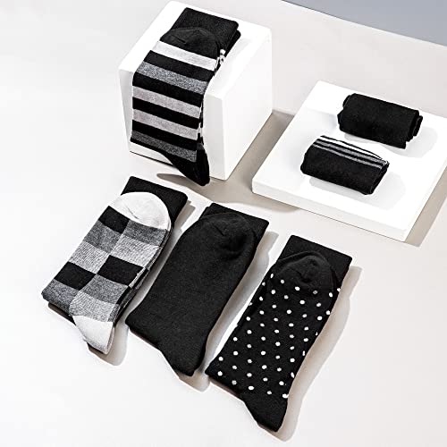 GLENMEARL Mens Dress Socks 6 Pack, Classic Patterned Black Combed Cotton Casual Mid Calf Socks for Men, Size 10-133