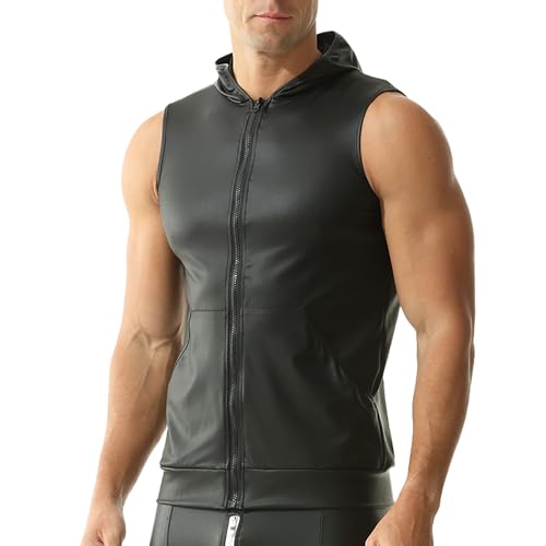 Men's Faux Leather Vest Sleeveless Undershirt Wet Look Round Neck Tank Top Nightwear