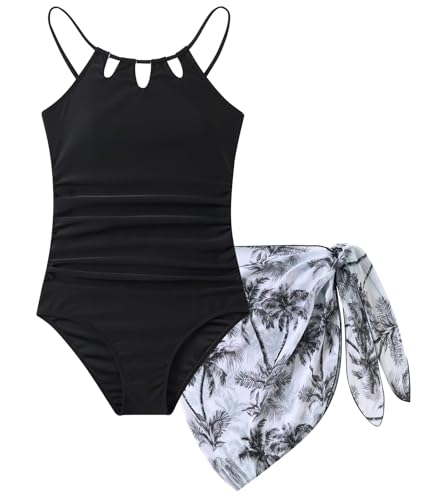 Image of Girls Swimsuit One-Piece Bathing Suit with Mesh Cover Ups Adjustable Straps Cut Out Swimwear Size 7-16