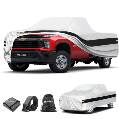 Image of 10 Layers Truck Cover Waterproof All Weather Custom Fit Chevrolet Silverado 2500 3500 Extended /Crew Cab Short Bed, Outdoor Full Exterior Pickup Car Cover Sun Rain Snow Protection. Sliver