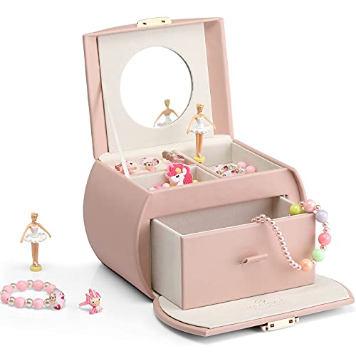 Vlando Joyero para niñas con cajón, caja de música con bailarina y calcomanías para decoración de dormitorio, regalos para niñas y niños, rosa
