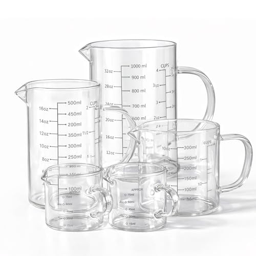 77L 5 Pack Glass Measuring Cup Set, [Insulated handle, V-Shaped Spout], High Borosilicate Liquid Glass Measure Cup for Kitchen, Easy To Read, Dishwasher, Freezer, and Microwave Safe