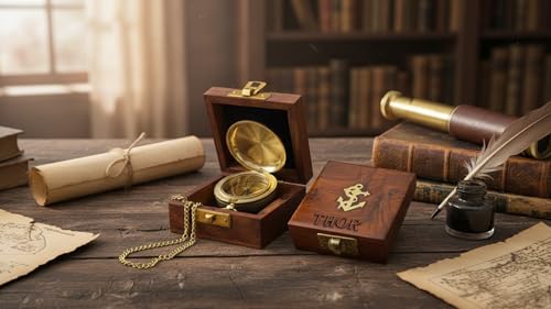 Brújula de bolsillo de latón con caja de madera miniatura 7