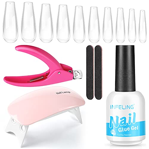 Gel x Nail Kit - 15ML Nail Glue Gel for Acrylic Nails, 4 in 1 Nail Tips and Glue Gel Kit, INFELING 500Pcs Clear Ballerina Nails with Acrylic Nail Clippers Portable Nail Lamp Nail Files DIY Nail Art Kit