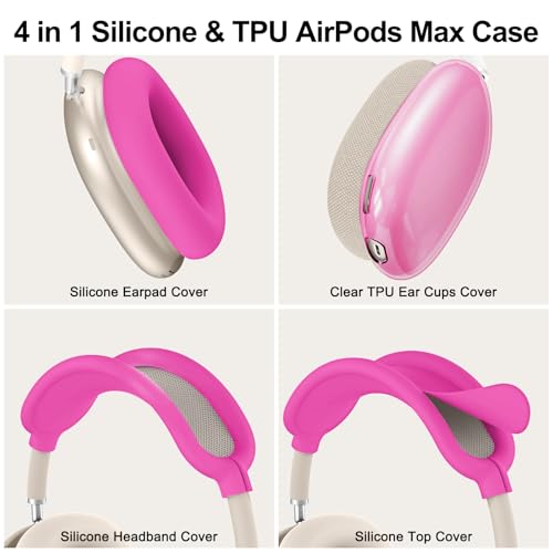 Image of Silicone Case Cover for AirPods Max 2 / AirPods Max Headphones (Hot Pink) | Clear Soft TPU Ear Cups Cover /Ear Pad Case Cover /Headband Cover for AirPods Max,Transparent Accessories for Apple AirPods Max
