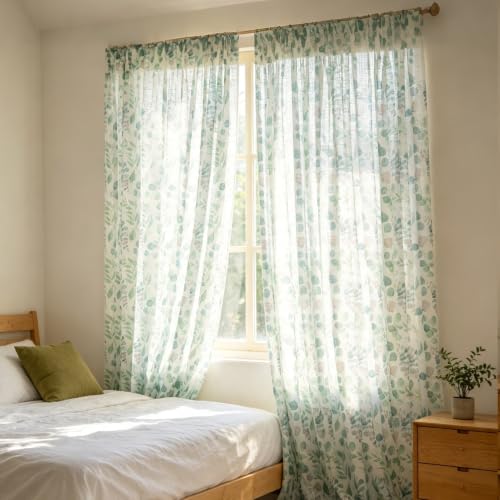Image of SUOUO Green Eucalyptus Leaf Semi Sheer Curtains 96 Inches Rod Pocket | 2 Panels,Linen Textured,Light Filtering,Patterned Watercolor Botanical,Farmhouse Cottage Core,Drapes for Living Room Bedroom