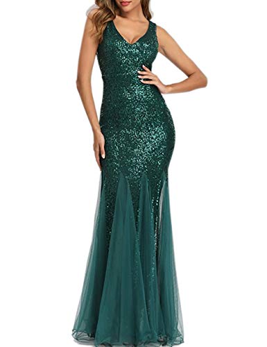 Womens Party Dress Sequins Tulle Sexy V-Neck Long Dress Sleeveless Formal Evening Prom Gowns, Green, Medium
