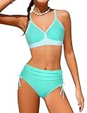 ADIFUN Girls Swimsuit, Teen Swimsuits for Girl 12-14 Light Cyan Stripe V-Neck Tie Back Bikini with Cover Up Skirt 3 Piece Tween Girls Swimwear Set