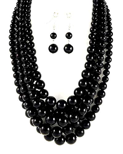 Affordable Wedding Jewelry Statement Beaded Layered Strands Jet Black Beaded Beads Chunky Necklace Earrings Set for Women