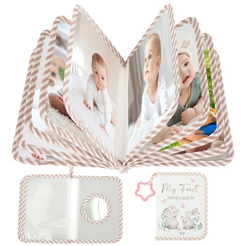 Babyalbum Stoff 17 Bilder 16,5x11,2cm Baby Fotoalbum mit Sicherheitsspiegel und Haken Mein Erstes Jahr Babyalbum Sicher Geschmacklos für Neugeborene Kleinkinder Kinder Geburtstagsgeschenke (Braun)